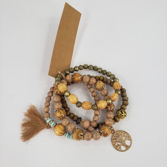 4 pc Stretch BOHO Brown Beaded Bracelet Earthtones Bohemian Sunshine Vibez - Picture 8 of 8